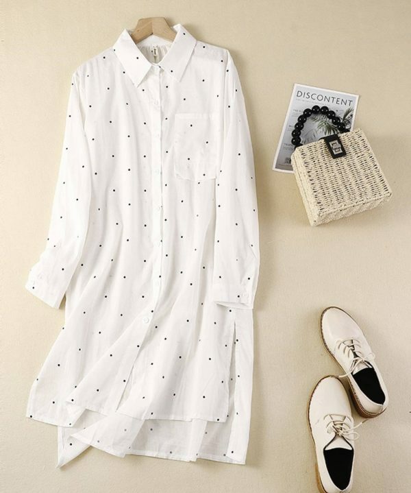 Y2K Polka Dot Linen Shirt: Retro Streetwear Midi Dress