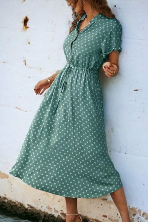 Y2K Polka Dot Print Shirt Dress | Women's Casual Midi Beach Sundress