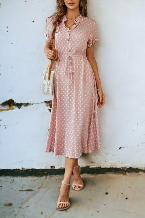 Y2K Polka Dot Print Shirt Dress | Women's Casual Midi Beach Sundress