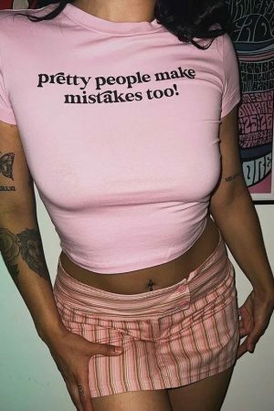 Y2K Pretty People Make Mistakes Crop Tee - Funny Slogan Kawaii Vintage Graphic Shirt