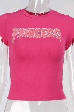 Y2K Princess Pink Rose Red Letter Print Crop Tee - Retro Slim Gothic Harajuku Streetwear Top