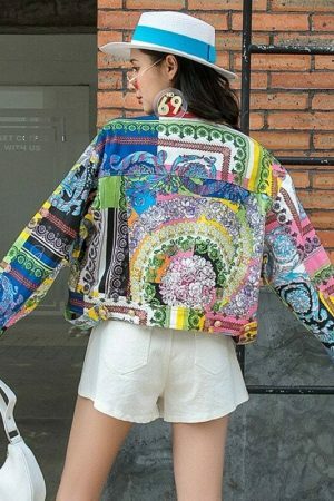 Y2K Printed Women's Denim Jacket Streetwear Collar Long Sleeve Aesthetic