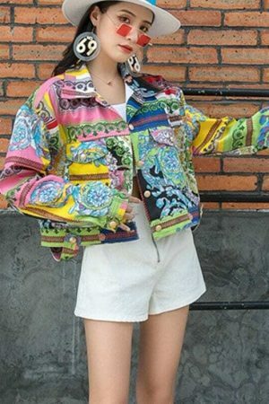 Y2K Printed Women's Denim Jacket Streetwear Collar Long Sleeve Aesthetic