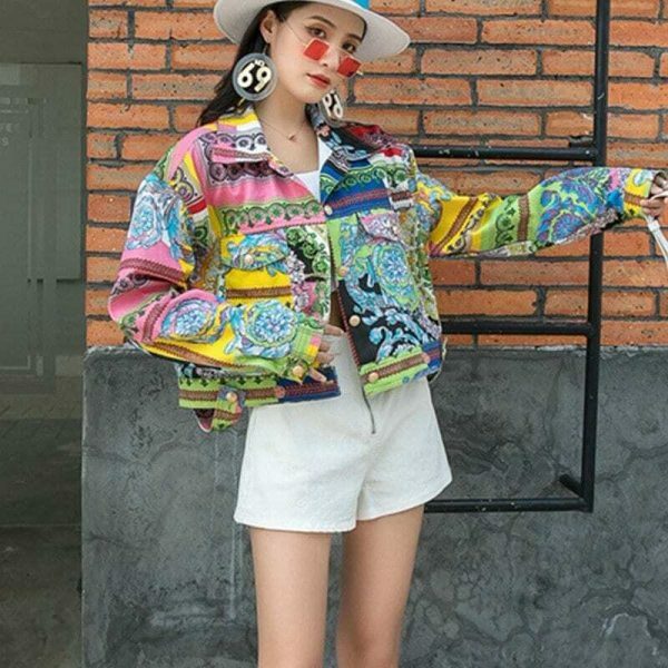 Y2K Printed Women's Denim Jacket Streetwear Collar Long Sleeve Aesthetic