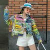 Y2K Printed Women's Denim Jacket Streetwear Collar Long Sleeve Aesthetic