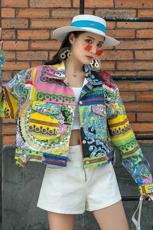 Y2K Printed Women's Denim Jacket Streetwear Collar Long Sleeve Aesthetic