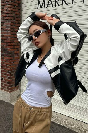 Y2K PU Leather Streetwear Jacket Black White Contrast Cropped Coat Women