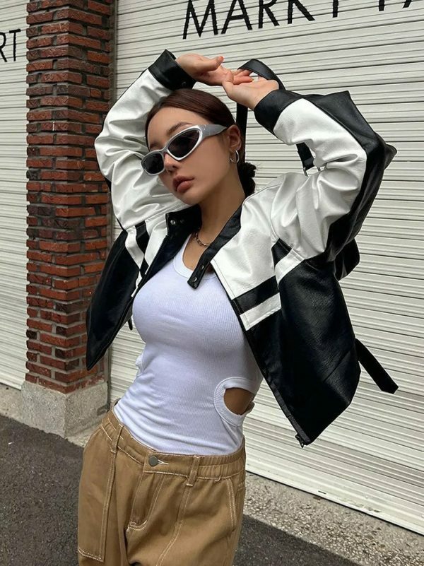 Y2K PU Leather Streetwear Jacket Black White Contrast Cropped Coat Women