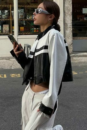 Y2K PU Leather Streetwear Jacket Black White Contrast Cropped Coat Women