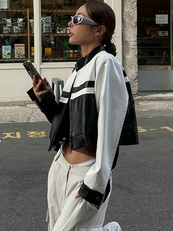 Y2K PU Leather Streetwear Jacket Black White Contrast Cropped Coat Women