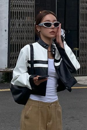 Y2K PU Leather Streetwear Jacket Black White Contrast Cropped Coat Women