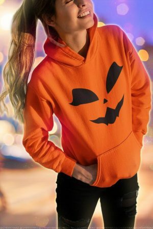 Y2K Pumpkin Kitty Face Hoodie - Streetwear Halloween Costume Sweatshirt