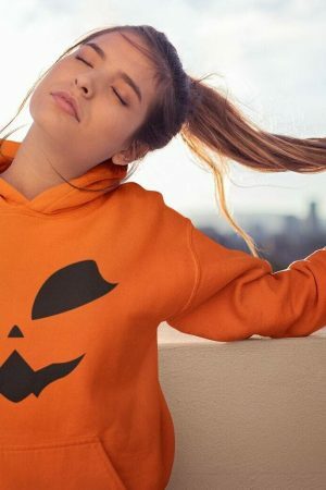 Y2K Pumpkin Kitty Face Hoodie - Streetwear Halloween Costume Sweatshirt