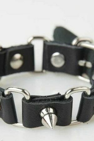 Y2K Punk Black Leather Bracelet with Studs for Men and Women