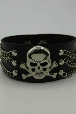 Y2K Punk Rock Leather Skull Bracelet Wide Strap Cuff