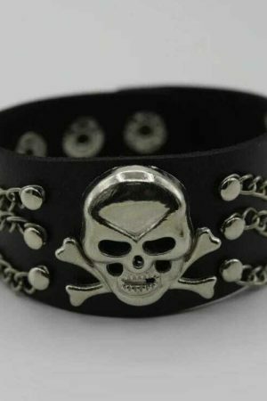 Y2K Punk Rock Leather Skull Bracelet Wide Strap Cuff