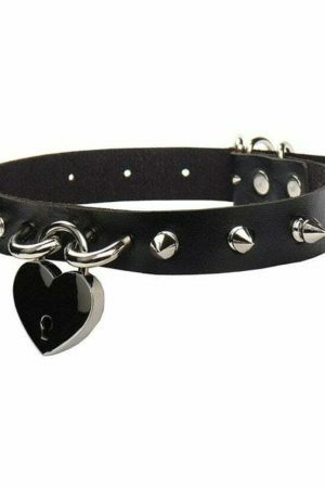 Y2K Punk Studded Leather Choker Necklace for Women with Heart Padlock