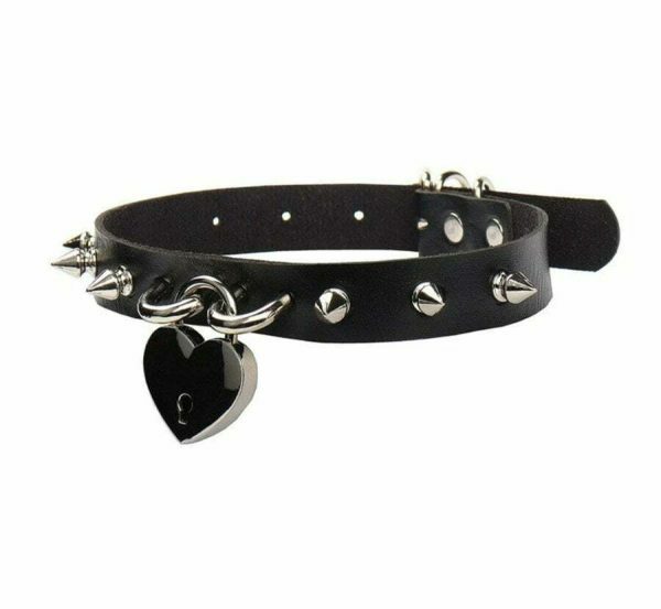 Y2K Punk Studded Leather Choker Necklace for Women with Heart Padlock