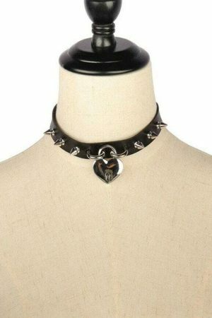 Y2K Punk Studded Leather Choker Necklace for Women with Heart Padlock