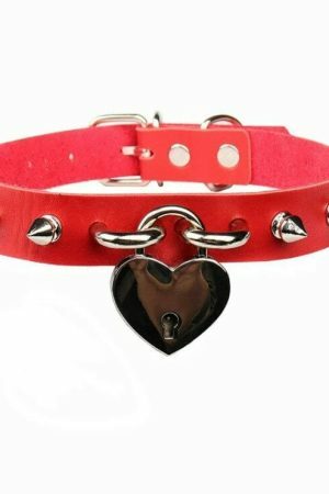 Y2K Punk Studded Leather Choker Necklace for Women with Heart Padlock