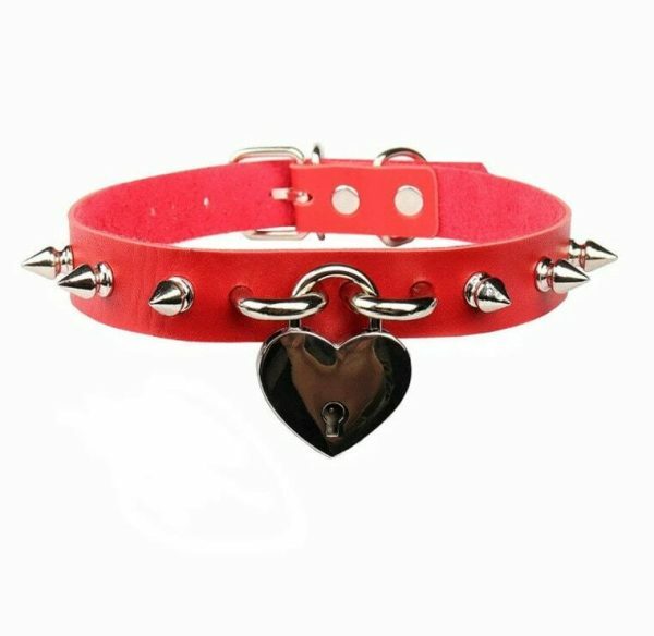 Y2K Punk Studded Leather Choker Necklace for Women with Heart Padlock