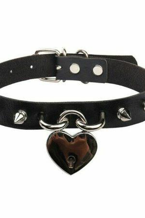 Y2K Punk Studded Leather Choker Necklace for Women with Heart Padlock