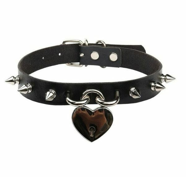 Y2K Punk Studded Leather Choker Necklace for Women with Heart Padlock