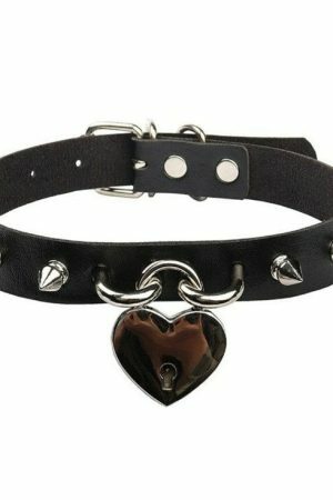 Y2K Punk Studded Leather Choker Necklace for Women with Heart Padlock