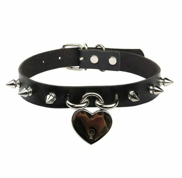 Y2K Punk Studded Leather Choker Necklace for Women with Heart Padlock