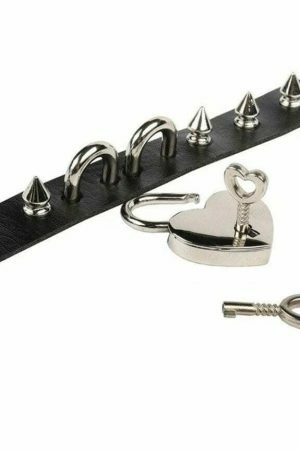 Y2K Punk Studded Leather Choker Necklace for Women with Heart Padlock