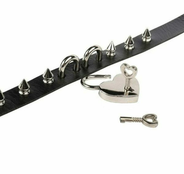 Y2K Punk Studded Leather Choker Necklace for Women with Heart Padlock