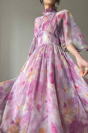 Y2K Purple High Waist Floral Midi Dress