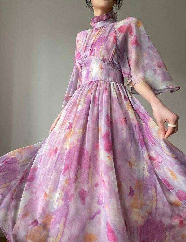 Y2K Purple High Waist Floral Midi Dress