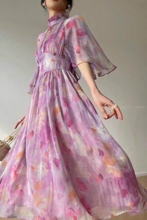 Y2K Purple High Waist Floral Midi Dress