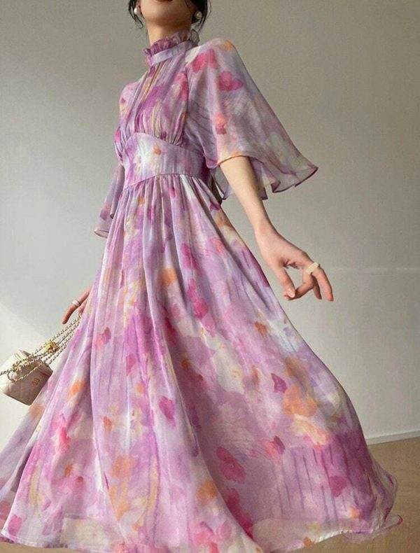 Y2K Purple High Waist Floral Midi Dress