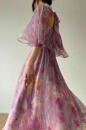 Y2K Purple High Waist Floral Midi Dress