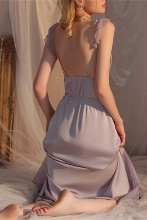 Y2K Purple Satin Halter Night Dress with Lace Strap