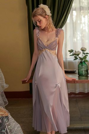 Y2K Purple Satin Halter Night Dress with Lace Strap