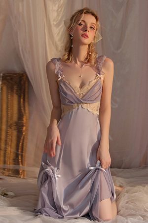 Y2K Purple Satin Halter Night Dress with Lace Strap