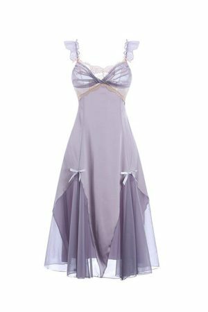 Y2K Purple Satin Halter Night Dress with Lace Strap