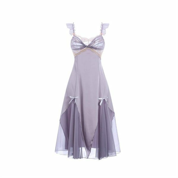 Y2K Purple Satin Halter Night Dress with Lace Strap