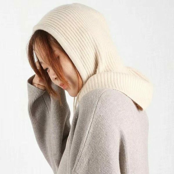 Y2K Rabbit Hair Knitted Scarf Hood Hat Cashmere Beanie Warm Winter Unisex Balaclava Ski Outdoor Wool Bonnet