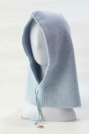 Y2K Rabbit Hair Knitted Scarf Hood Hat Cashmere Beanie Warm Winter Unisex Balaclava Ski Outdoor Wool Bonnet