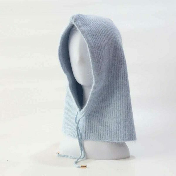 Y2K Rabbit Hair Knitted Scarf Hood Hat Cashmere Beanie Warm Winter Unisex Balaclava Ski Outdoor Wool Bonnet