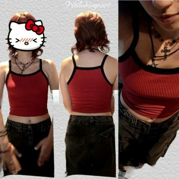 Y2K Red and Black Crop Vest with 90s Goth Aesthetic