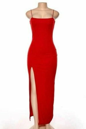 Y2K Red and Black Lace-Up Bodycon Stretch Midi Dress - Stylish Slim Fit for New Year's Party