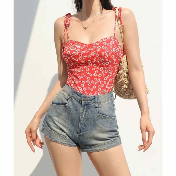 Y2K Red Floral Corset Tank Top, Aesthetic Slip Fit Bustier