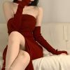 Y2K Red Knitted Backless Midi Dress for Women