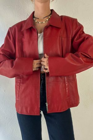 Y2K Red Leather Zipper Jacket for Women, Vintage Oversized Streetwear