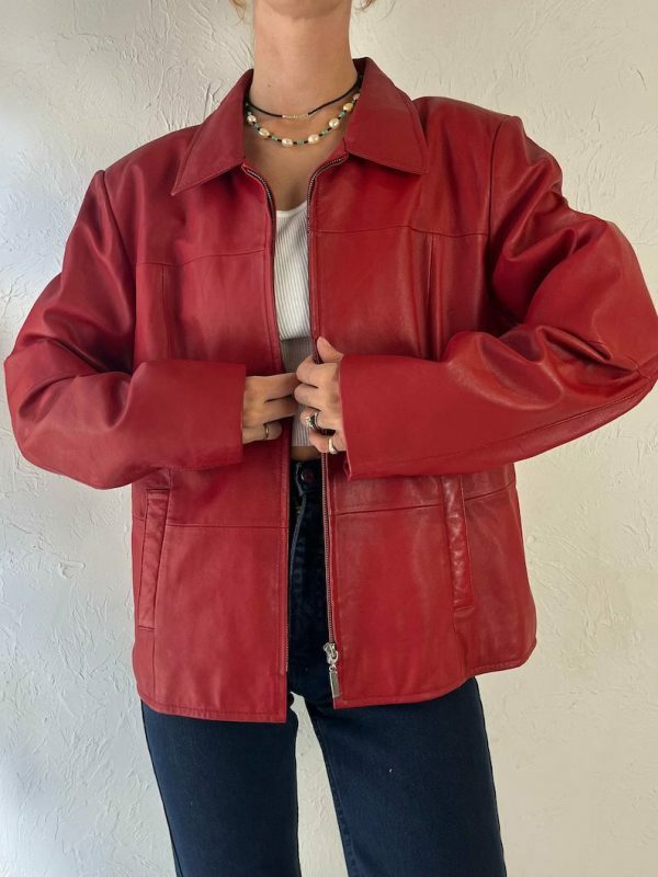 Y2K Red Leather Zipper Jacket for Women, Vintage Oversized Streetwear